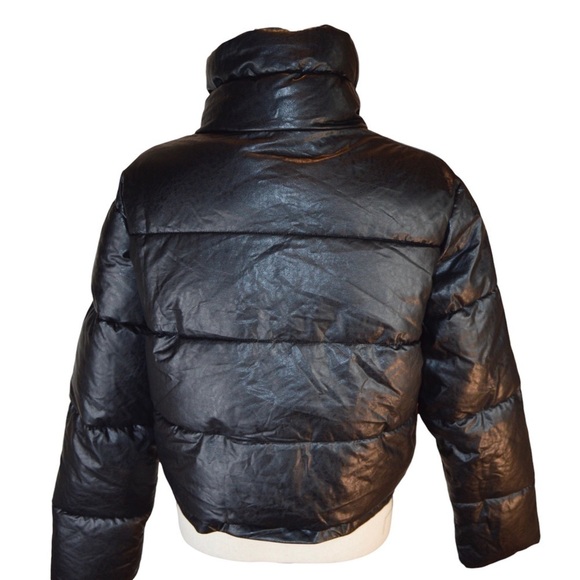 LA Coalition Vegan Leather Look Black Cropped Puffer Jacket, Large - Picture 10 of 14